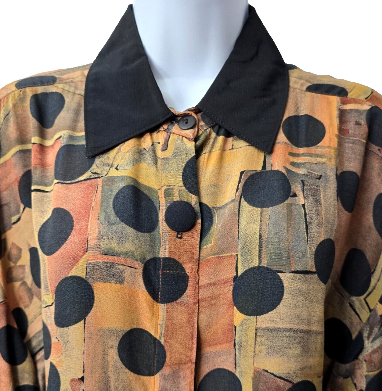 Vintage Polka Dot Blouse Top 8 M Semi Sheer Lagenlook Black Multicolor Rayon 80s