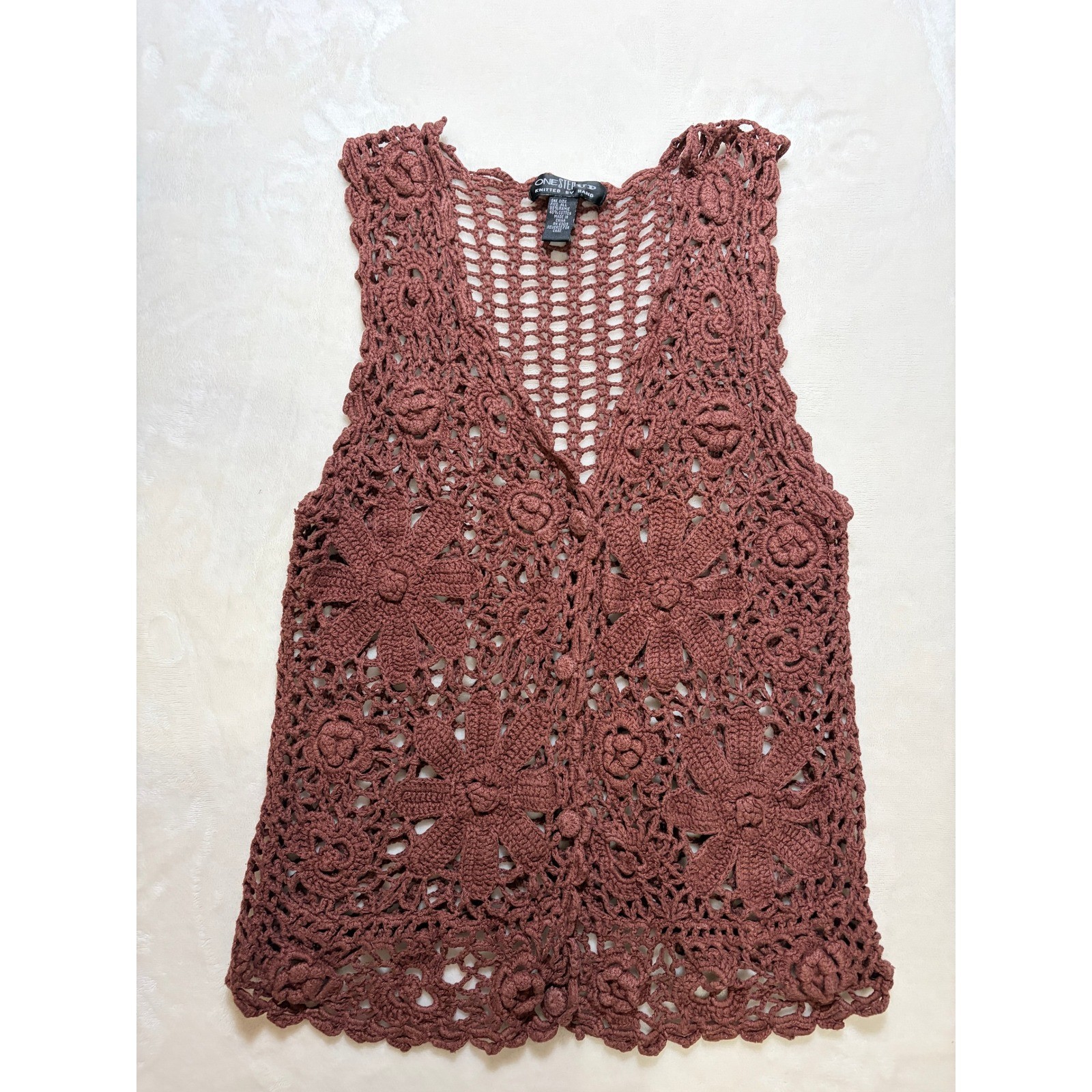 One Step Up Brown Vintage Hand Crocheted Floral Vest Women One Size Excellent