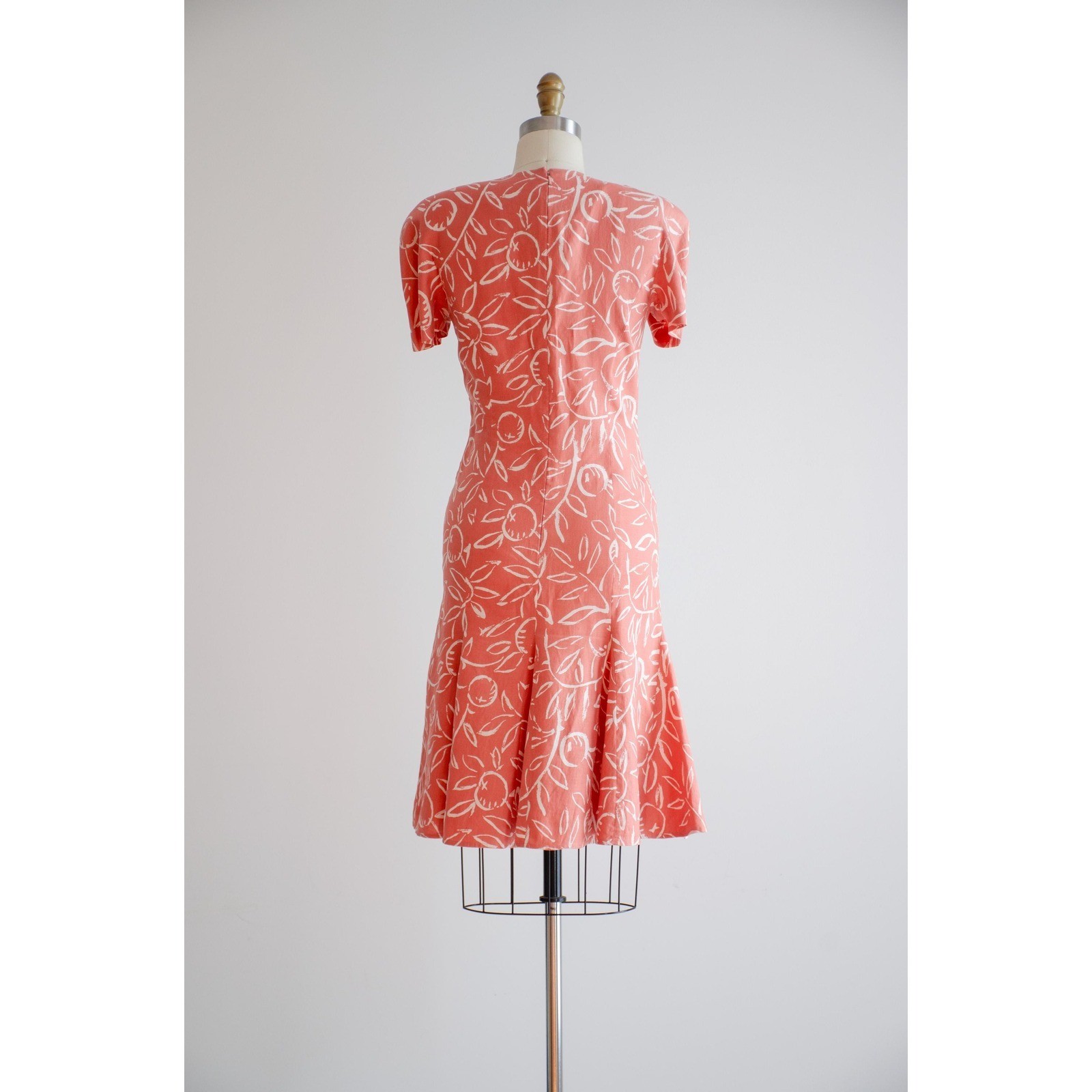 pink linen dress 80s vintage orange terra cotta fruit pattern mini dress