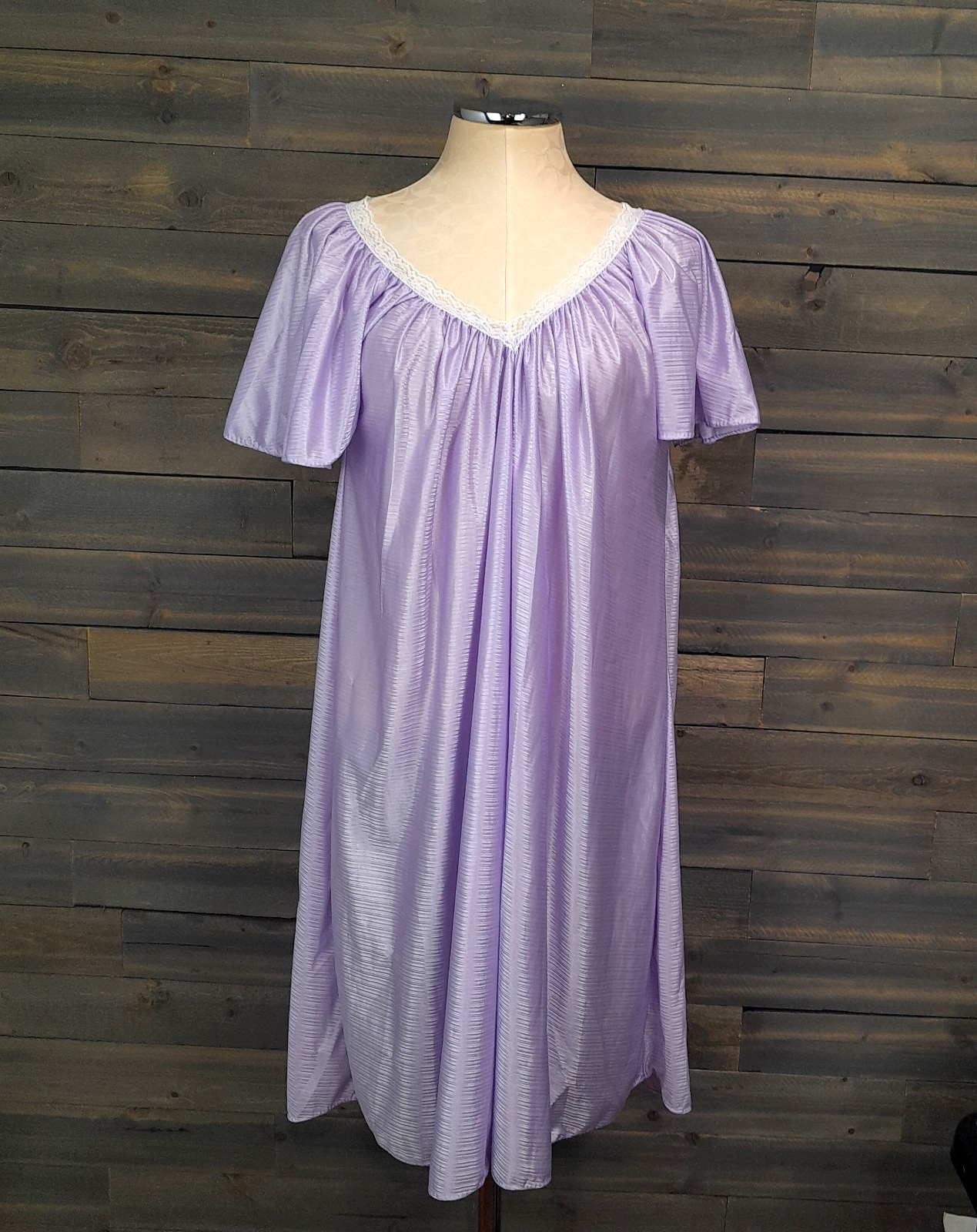 Vintage Elana Nightgown Lavender Nylon One Size Shiny Shimmer Lace Trim Made USA