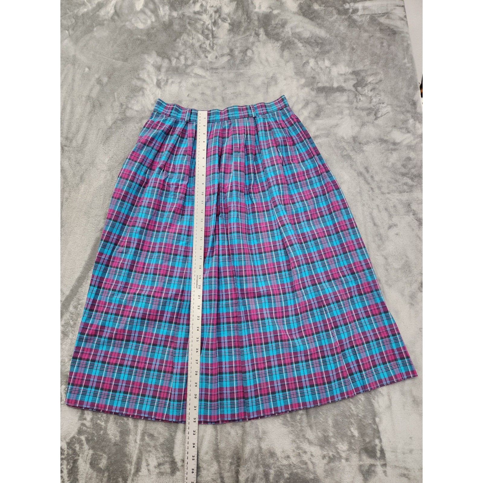 Vintage 80s Gotcha Covered Plaid Cotton Pleated Midi Skirt Size 14 Blue Preppy