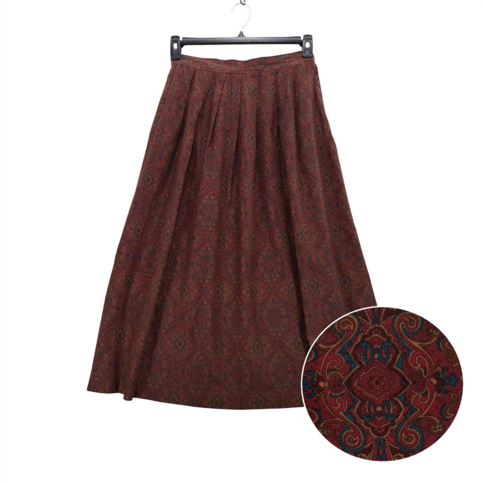 vtg Brooks Brothers Midi Skirt Womens 12 High Waist Burgundy Paisley Pleated