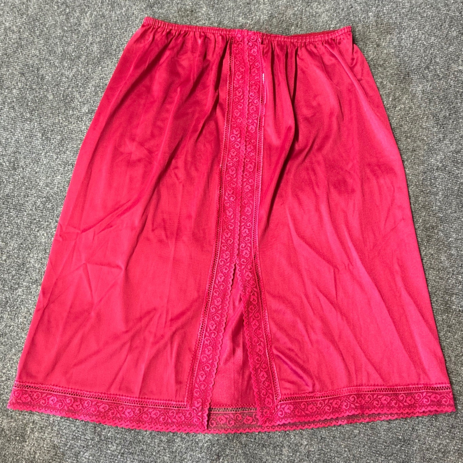 Vintage Bari Midi Slip Womem Medium Red Lace Trim Slit Lingerie Rockabilly Pinup