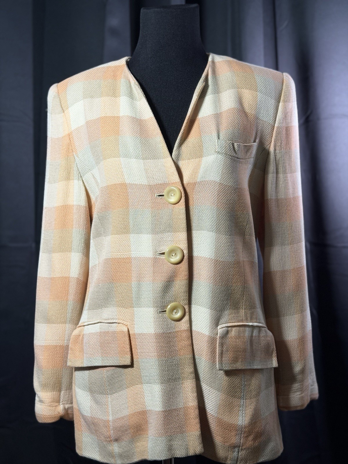 Vintage Sterling Cooper Petite 10 Plaid Blazer Peach Cream Shoulder Pads