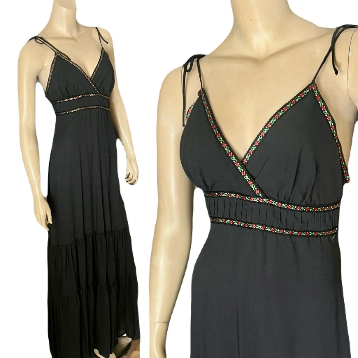 1970s Sassy Lassy Spaghetti Strap Boho Maxi Dress, Inky Black, P-S, Excellent