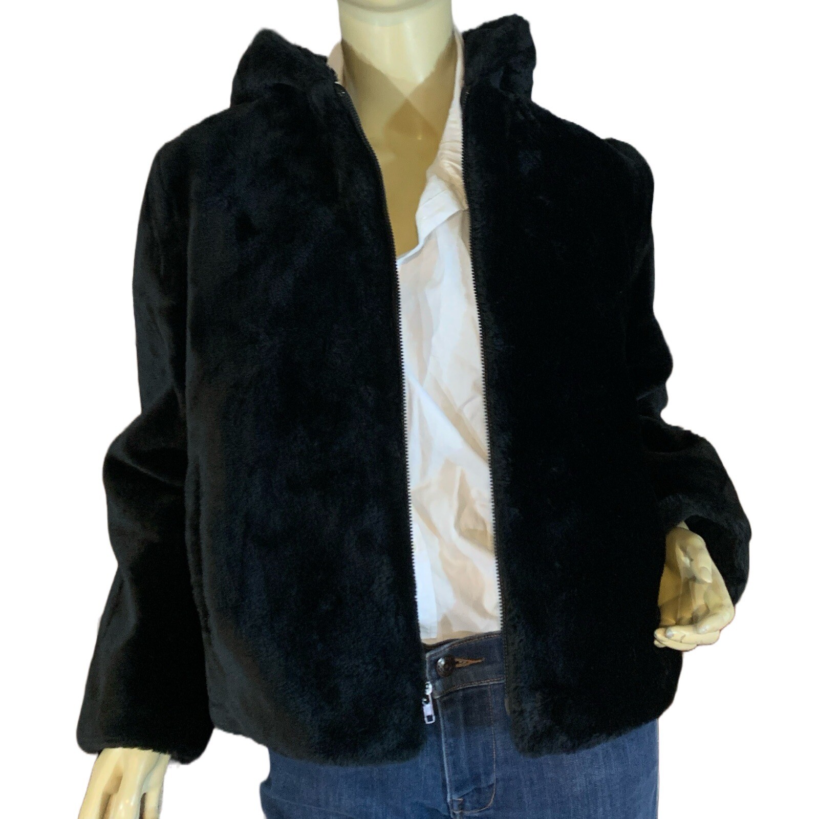 VINTAGE 1980’S BLACK FAUX FUR GLENOIT HOODED SHORT COAT SIZE 10