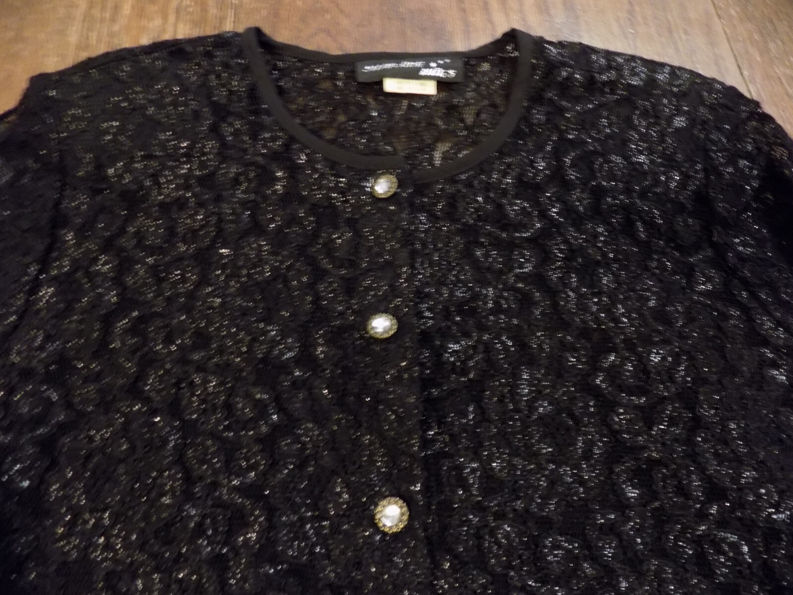 Shar ADE Nites Black Metallic Sparkle Holiday Sheer Lace Button Front Jacket 14W