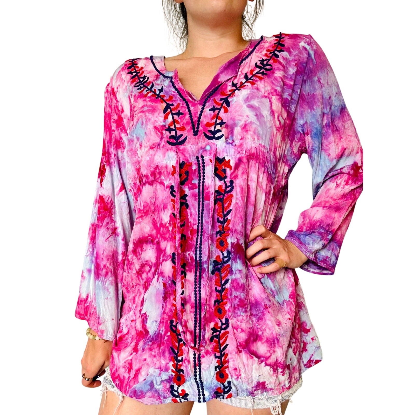 Ice Dyed Pink and Purple Vintage Blouse with Embroidery Boho Tunic Cover Up