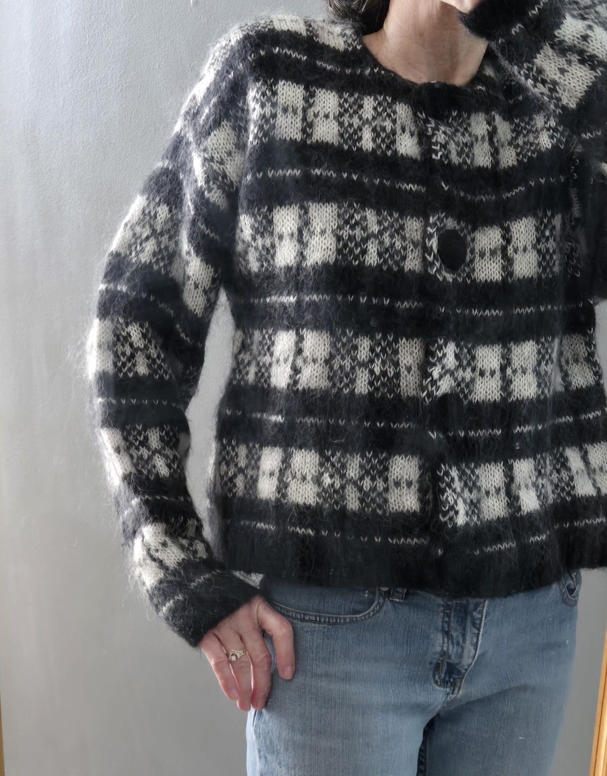 Vintage Boundary Waters Mohair Black White Striped Houndstooth Buttons Sweater