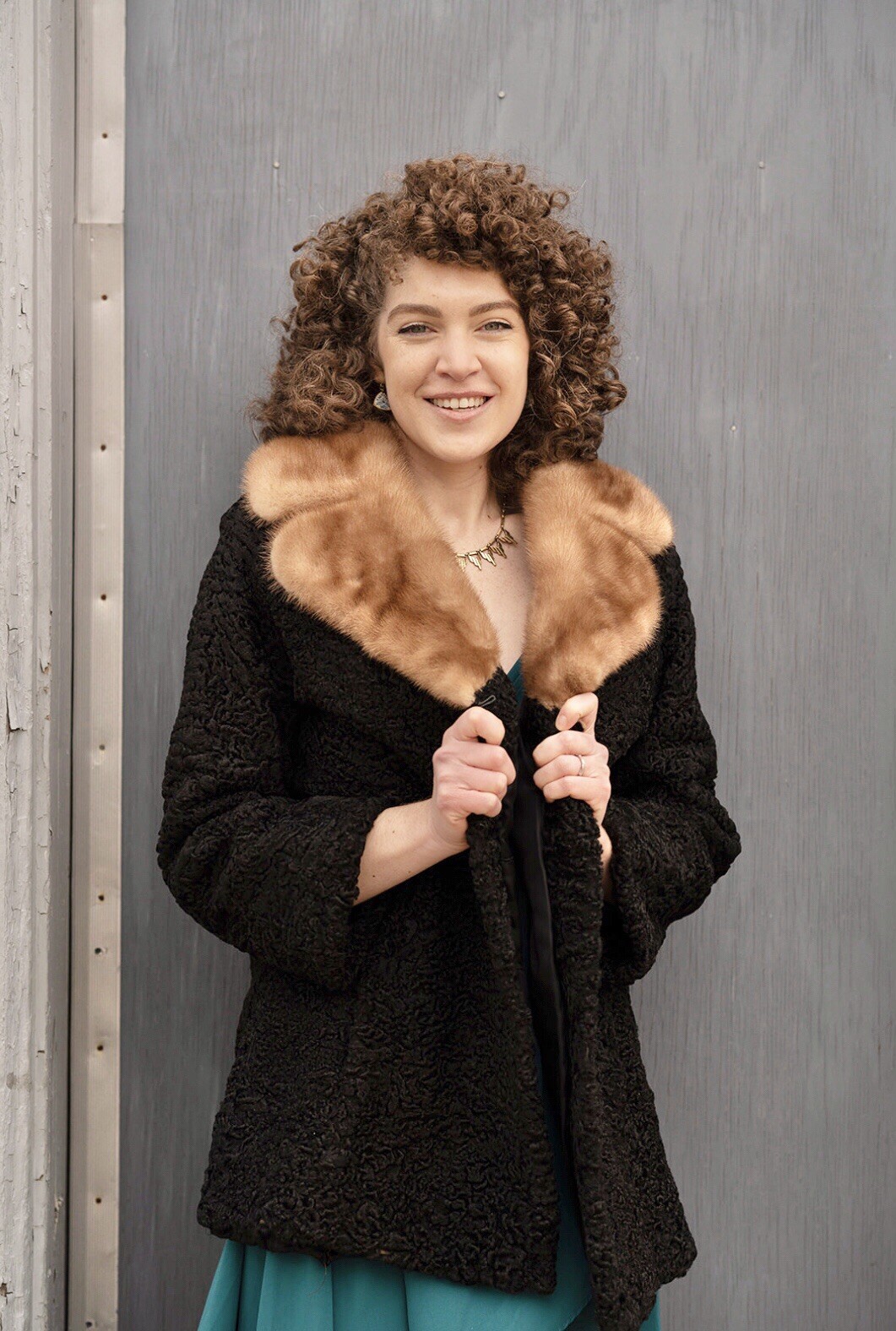 Black Persian Lamb Coat With Wide Caramel Brown Mink Collar