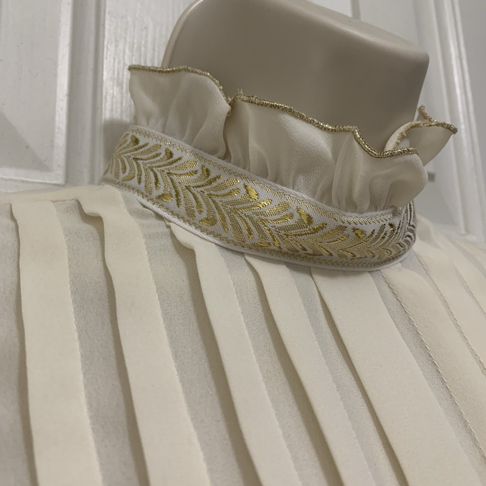 Vtg Diane Richards Women’s Ivory Victorian Blouse Sz 16 Pleated Ruffle Gold Trim