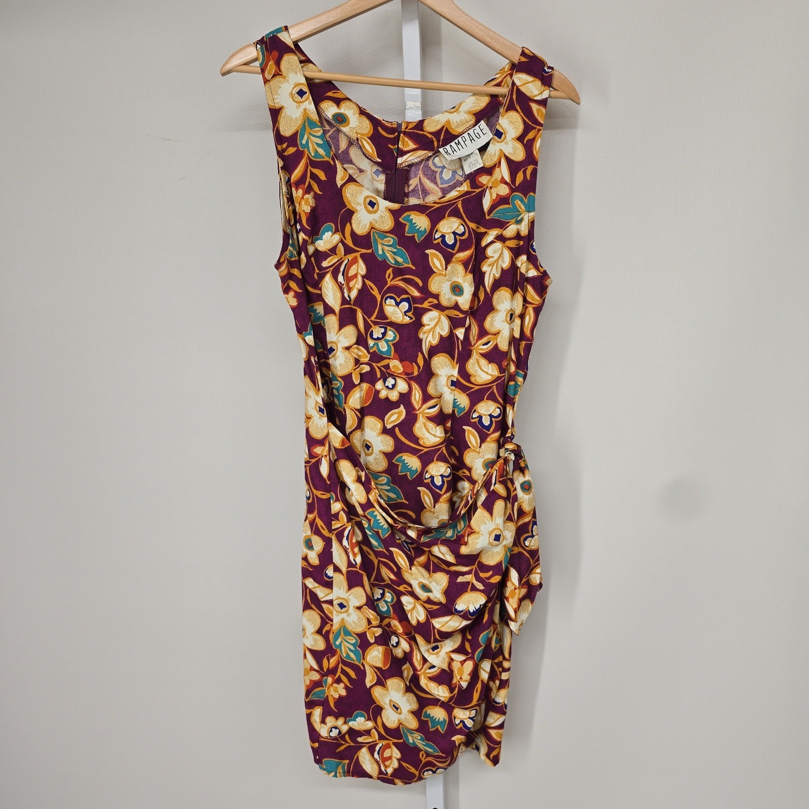 Vintage Rampage Floral Faux Wrap Mini Dress Purple Yellow Sleeveless Size 9 USA