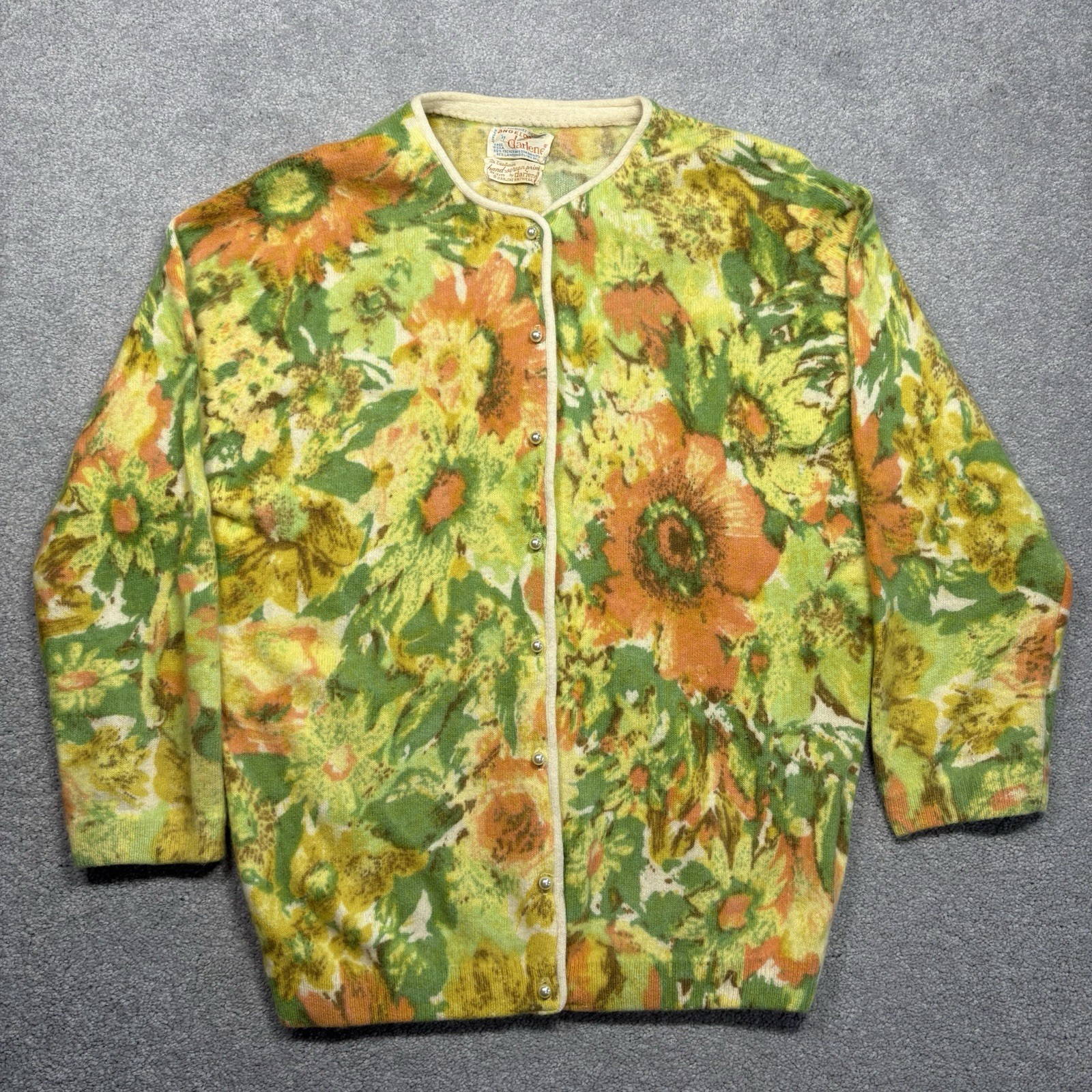 Angelon By Darlene Angora Wool 1950s Floral Cardigan Hand Screen Print Size S