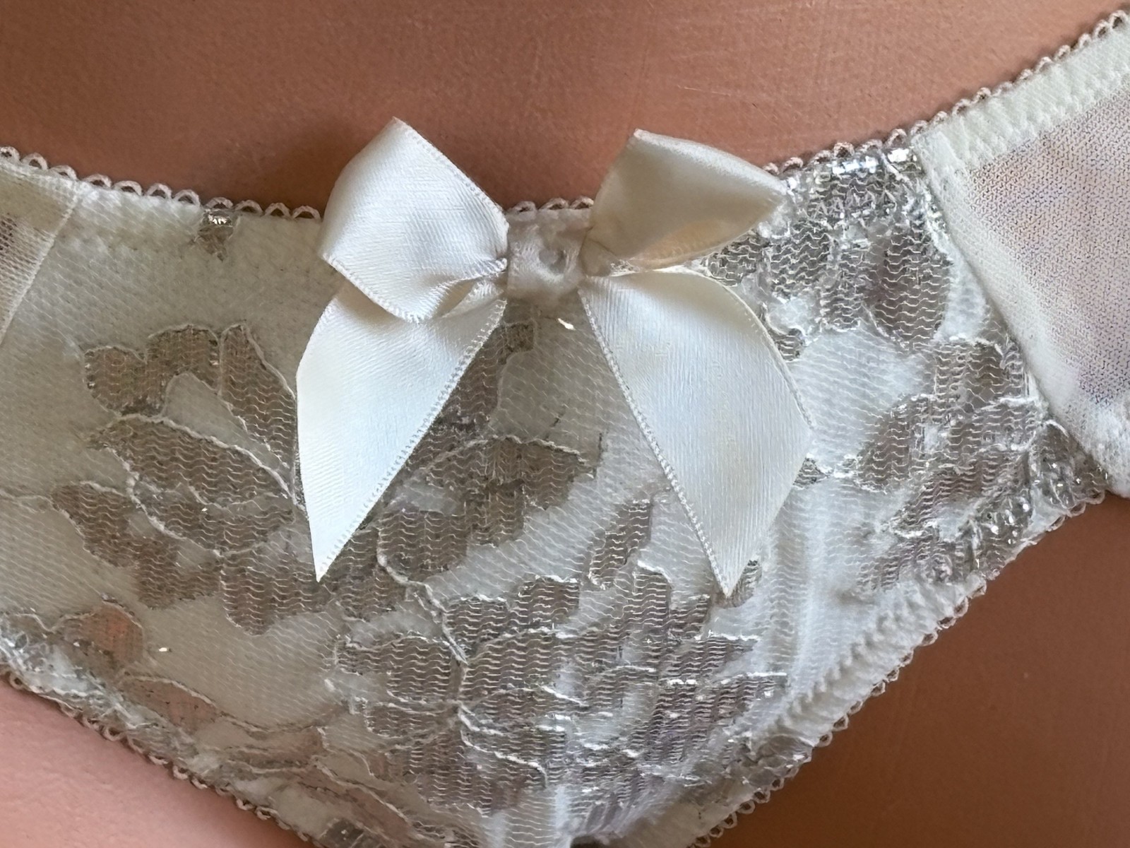 ANN SUMMERS UK 12 Ivory glitter satin lace Open Tie Back Bikini Panties NWOT