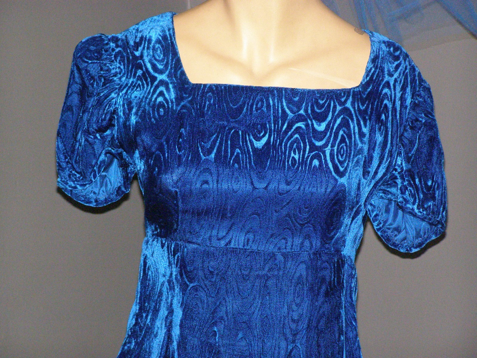 Vintage 60’s royal blue swirl VELVET maxi dress S M BOW back & hair comb regal