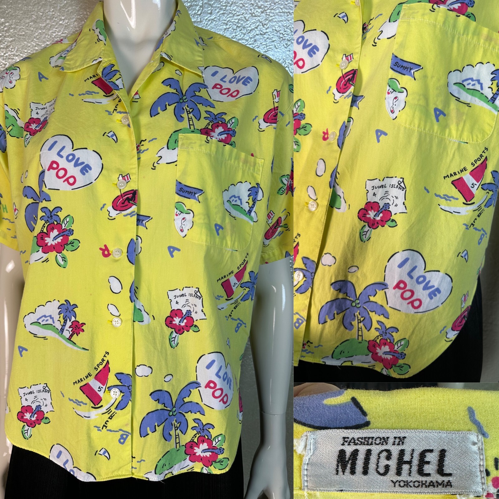 Vintage 1980’s Fashion In MICHEL Yokohama Yellow I LOVE POP! Cotton Short Sleeve