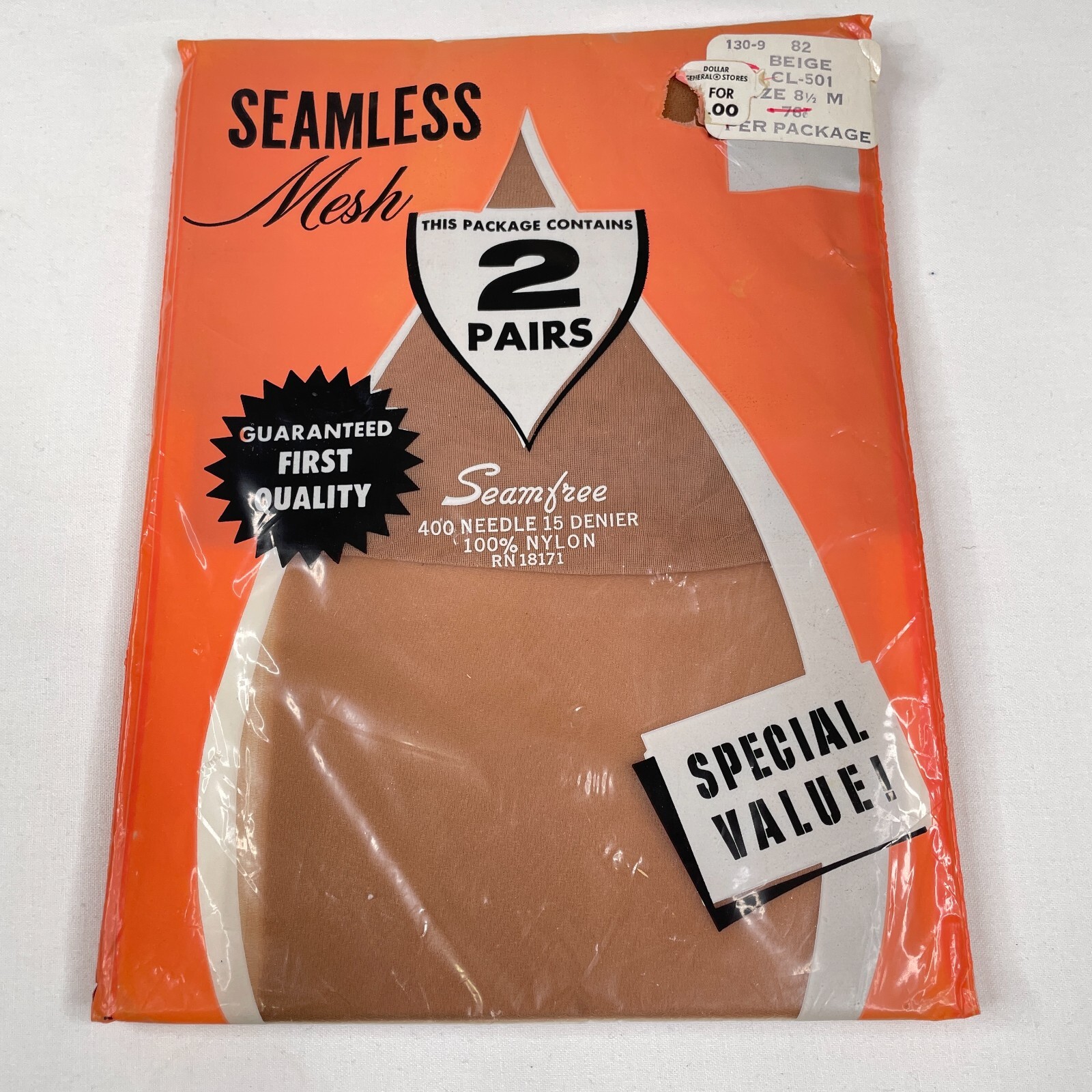 Vintage First Quality Seamless Mesh Stockings Sz 8 1/2 Medium Beige NOS