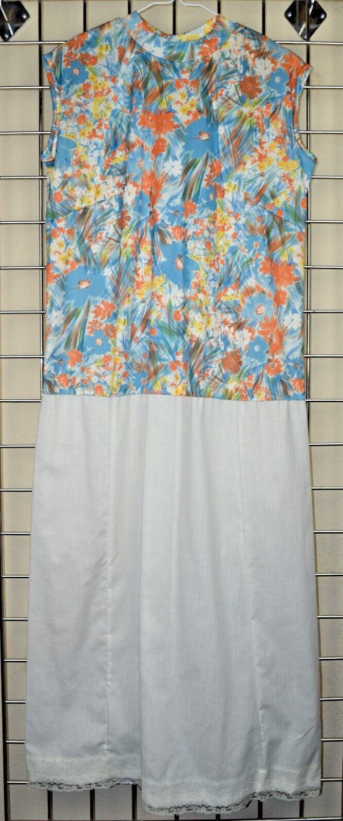 Vintage Midi Dress Blue Orange Yellow Size M 50s 60s Watercolor White Skirt Lace