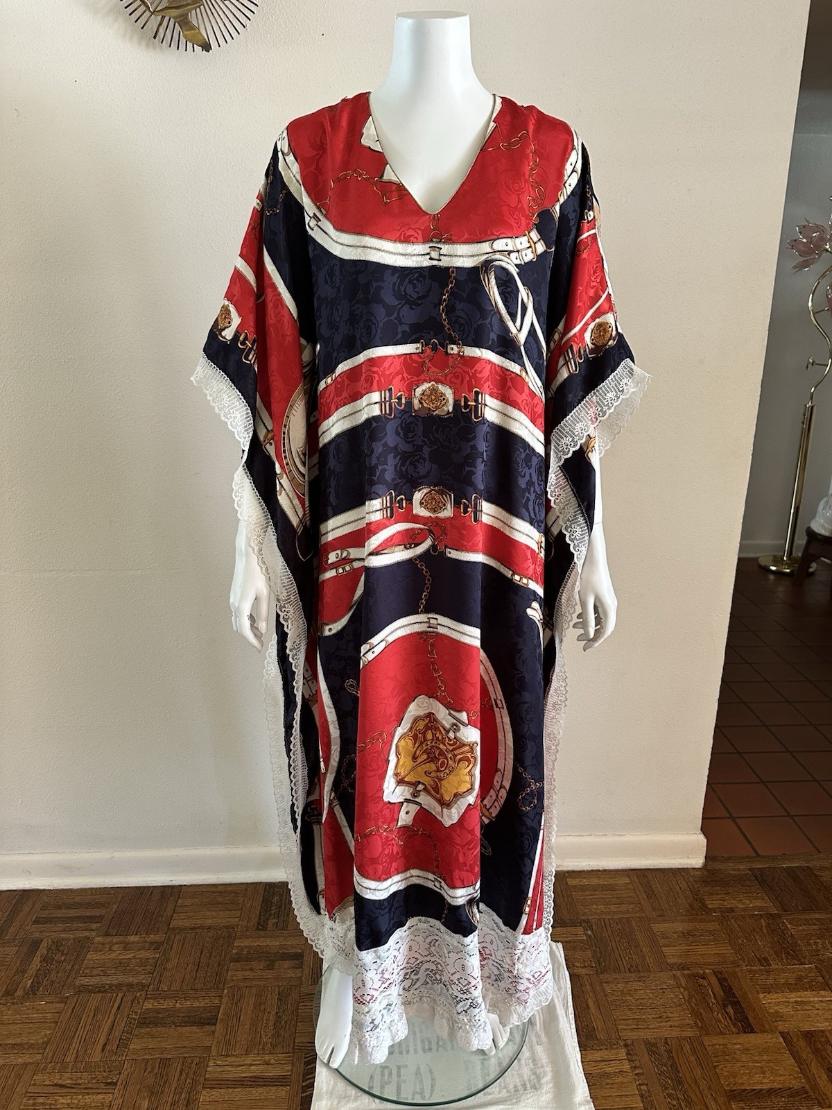 1970s Equestrian Scarf Print Caftan Dress Red Navy Gold Maxi Boho Resort Vintage
