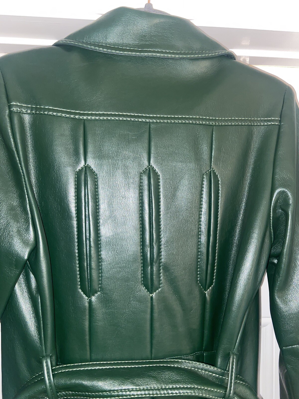 Mod Maid Vintage Pleather Green Long Belted Jacket Coat RARE Womens Size 8