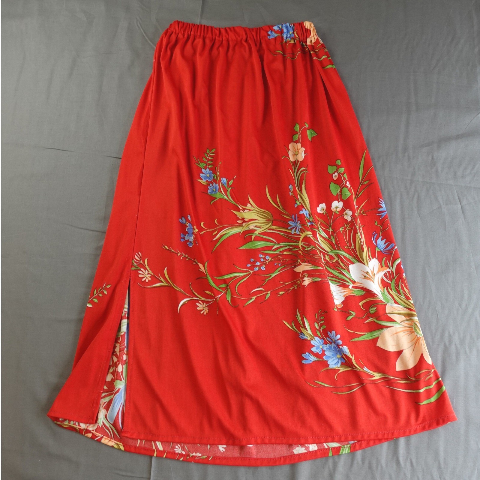 Vtg Handmade Skirt Womens Med Red Floral Midi Stretchy Side Slit Boho Hippie 70s