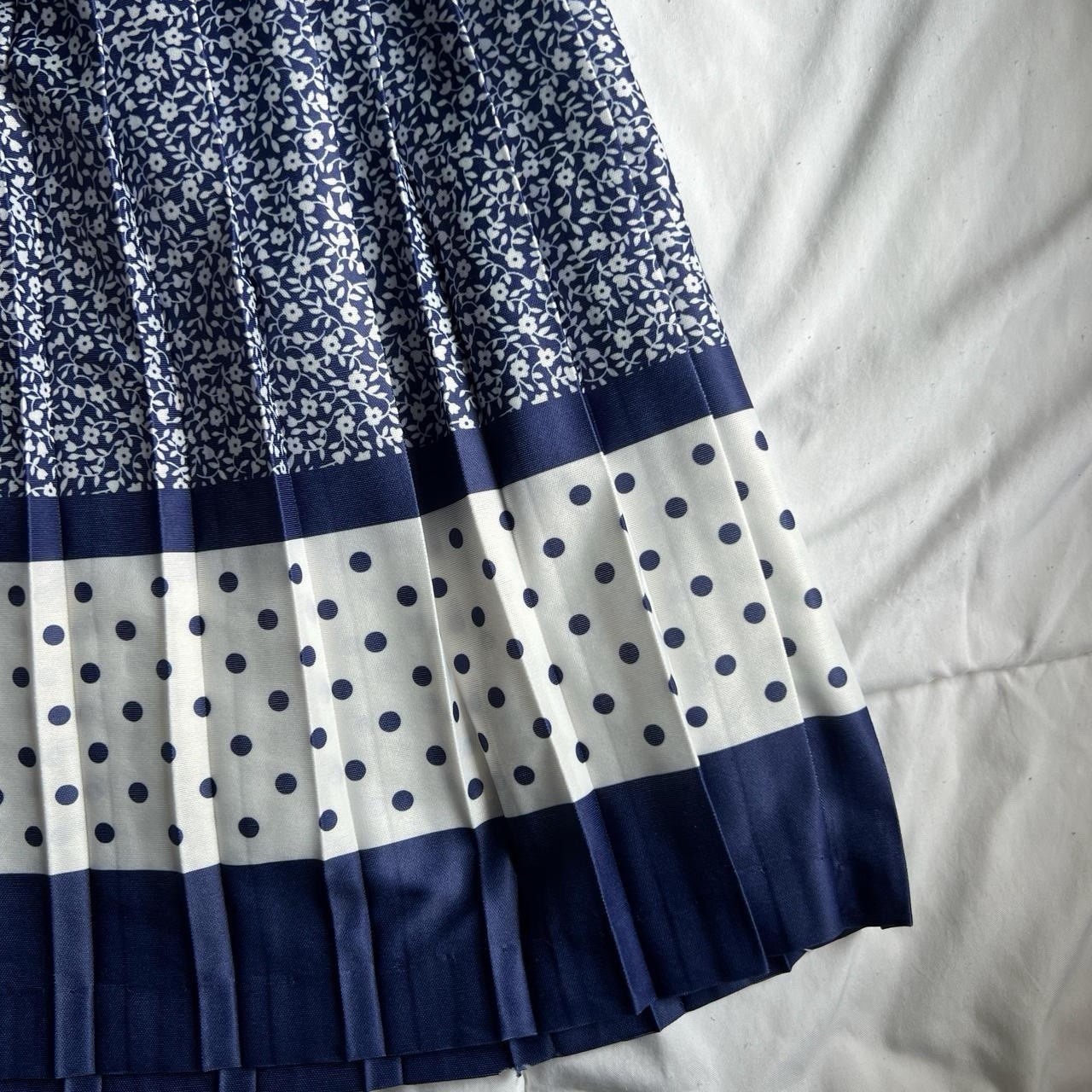 Vintage Pleated Dress Navy White Floral Polka Dot Long Sleeve