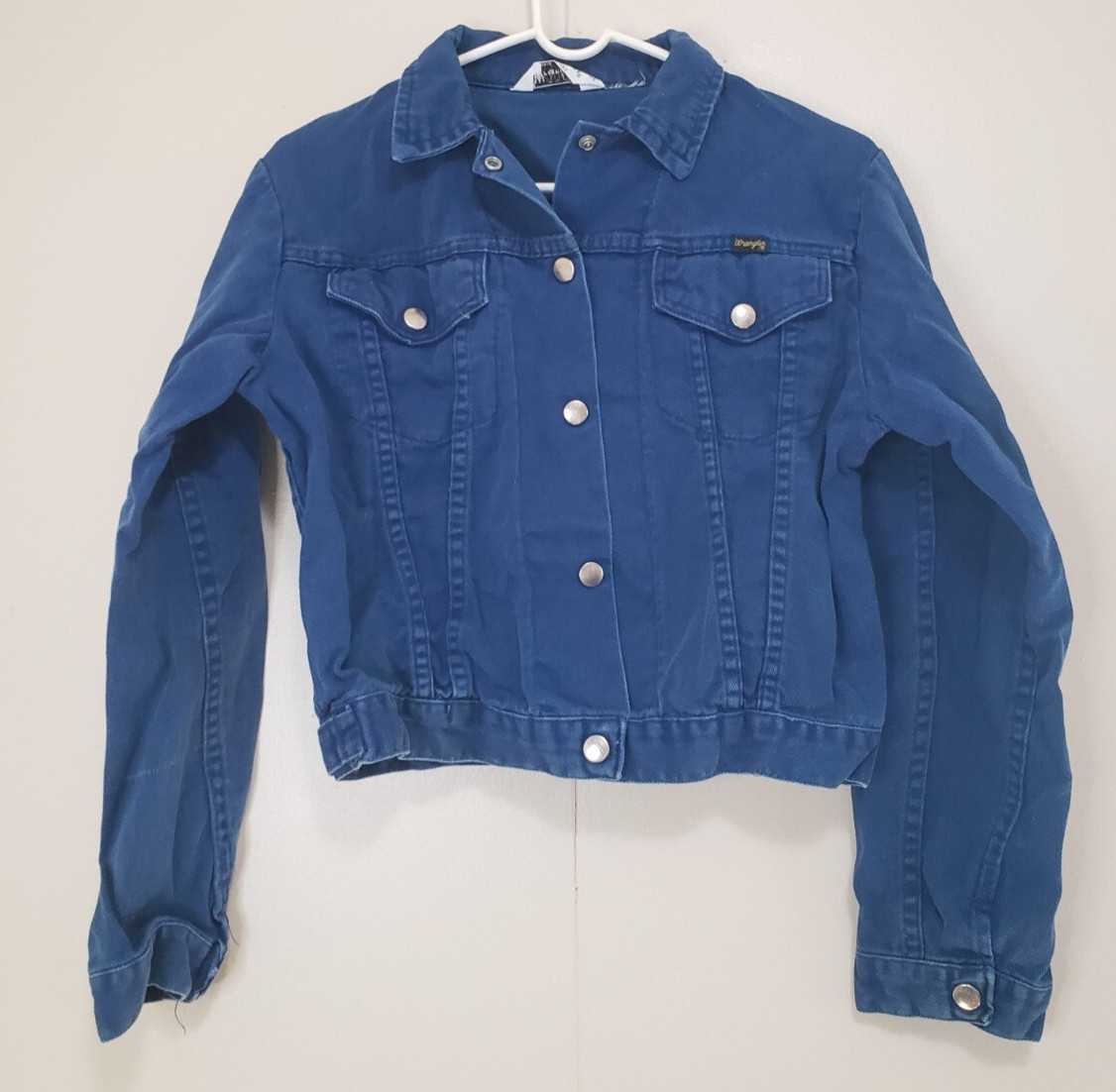 Vtg 1960s Wrangler Womens S 34 Cropped Jean Jacket Blue Denim Retro Snap Front