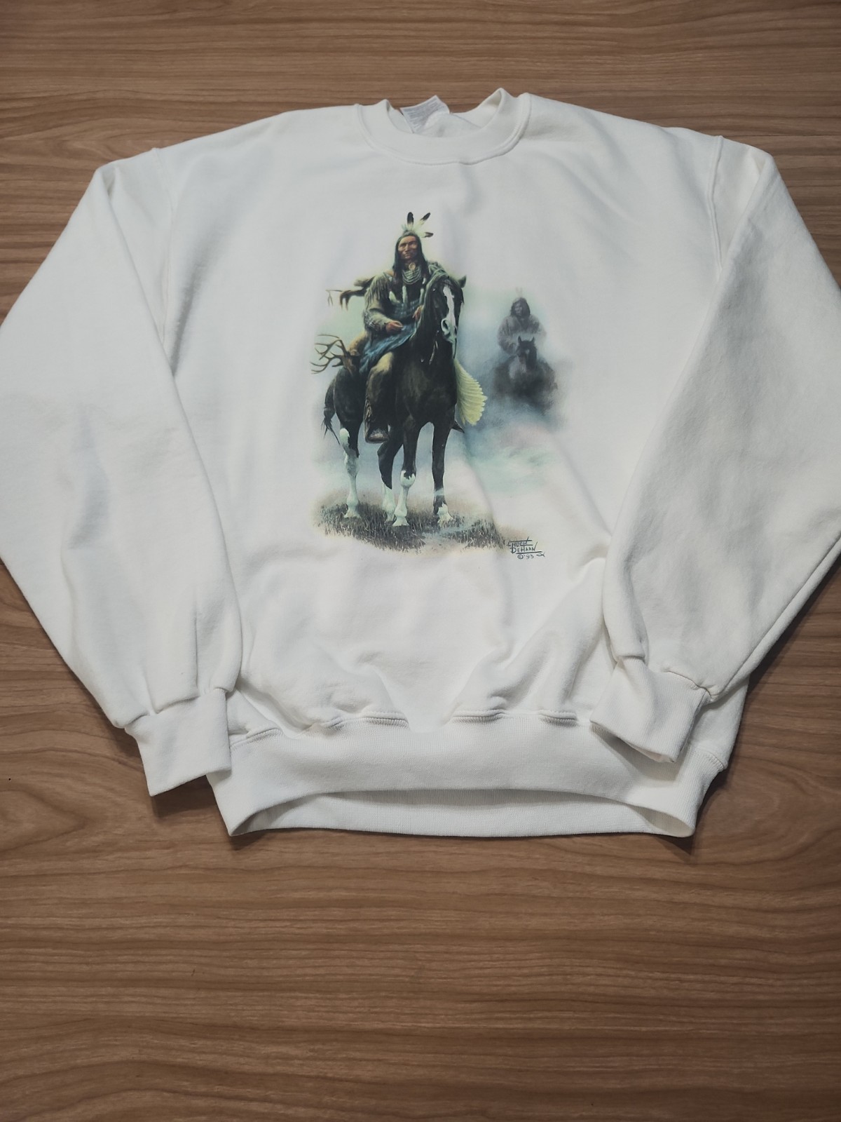 Vintage Chuck Dehaan Sweatshirt Horse Native American White 1993 Medium Pullover