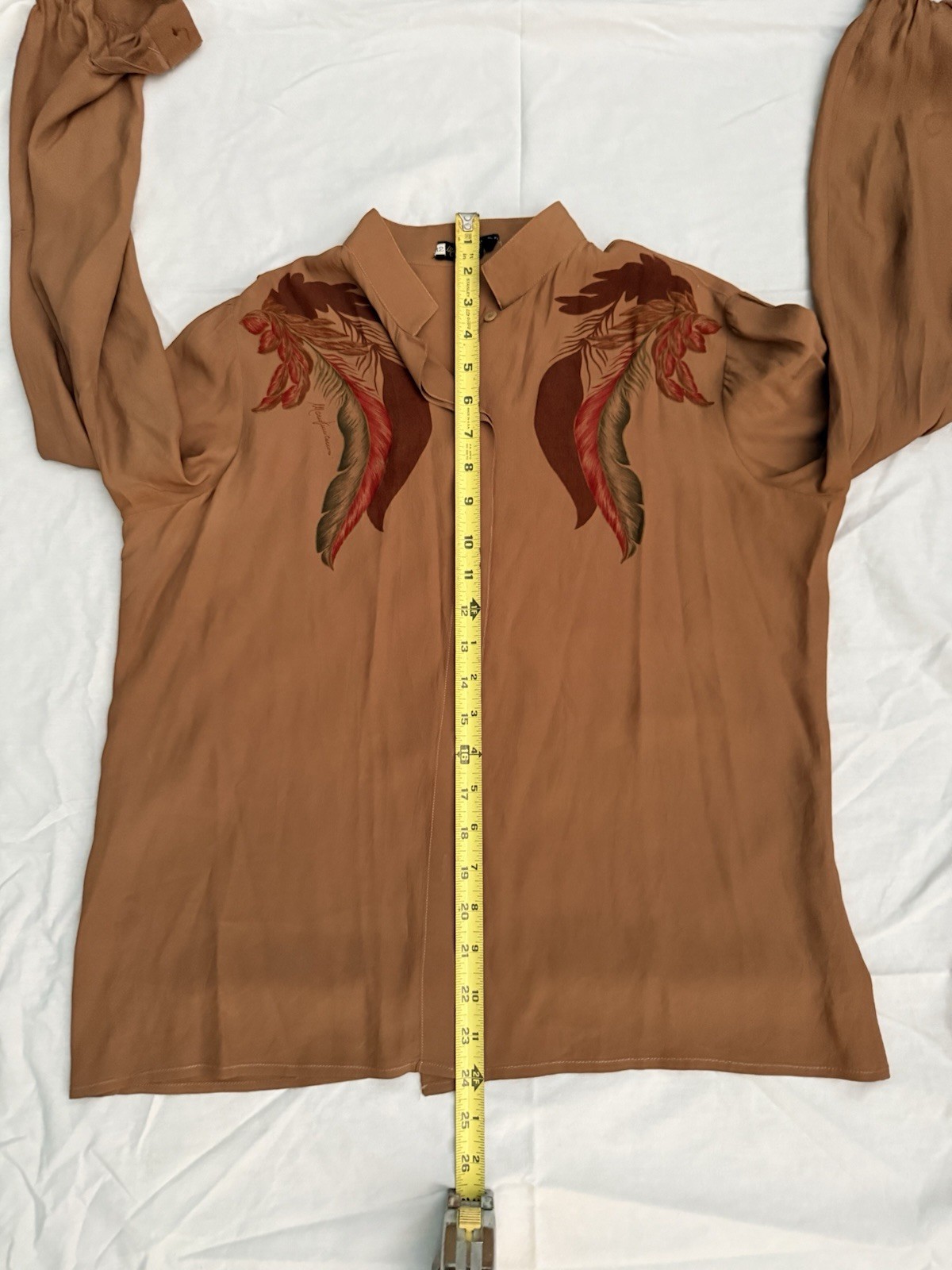 Vtg Mario Pucci Cecconi Italy Blouse Feathers Long Sleeve Brown Button Top Shirt