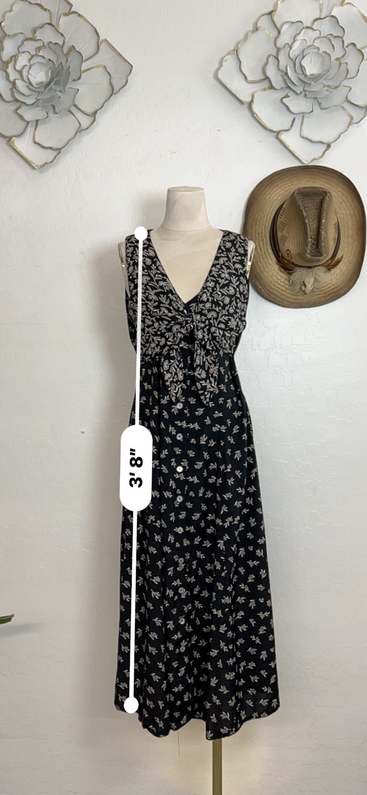 Vintage Robbie Bee Dress 10 Black Floral Rayon Button Front Tie Midi 90s Grunge