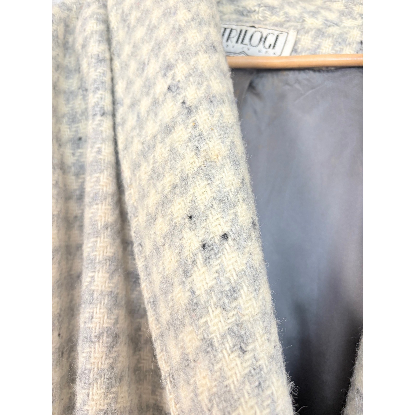 Vintage Trilogi Pure Wool Houndstooth Coat Double Breasted Shawl Collar USA Made