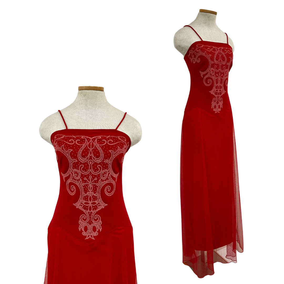 Vtg Vintage 1990s 90s Y2K Red Witch Flocked Bodice Mesh Fairy Maxi Dress Gown