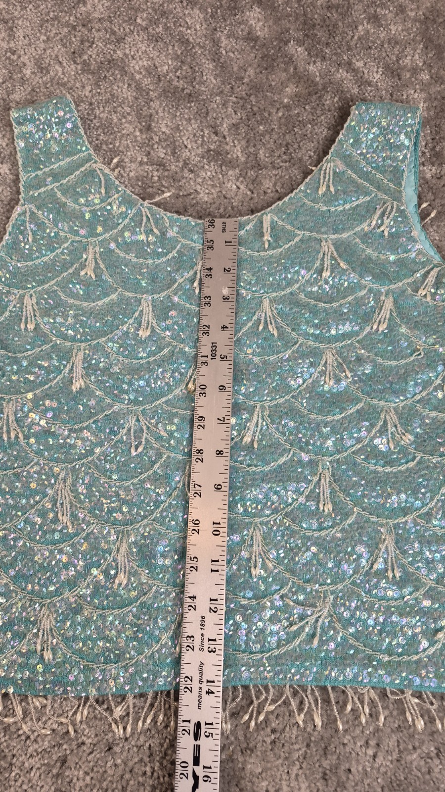 VTG Handmade Wool Sequin Top Womens 34 P2P Aqua Sweater White Beads Fringe