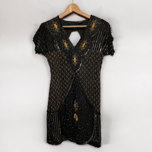 Vintage 80’s 100% Silk Black and Gold Sequin Beaded Dress Size M