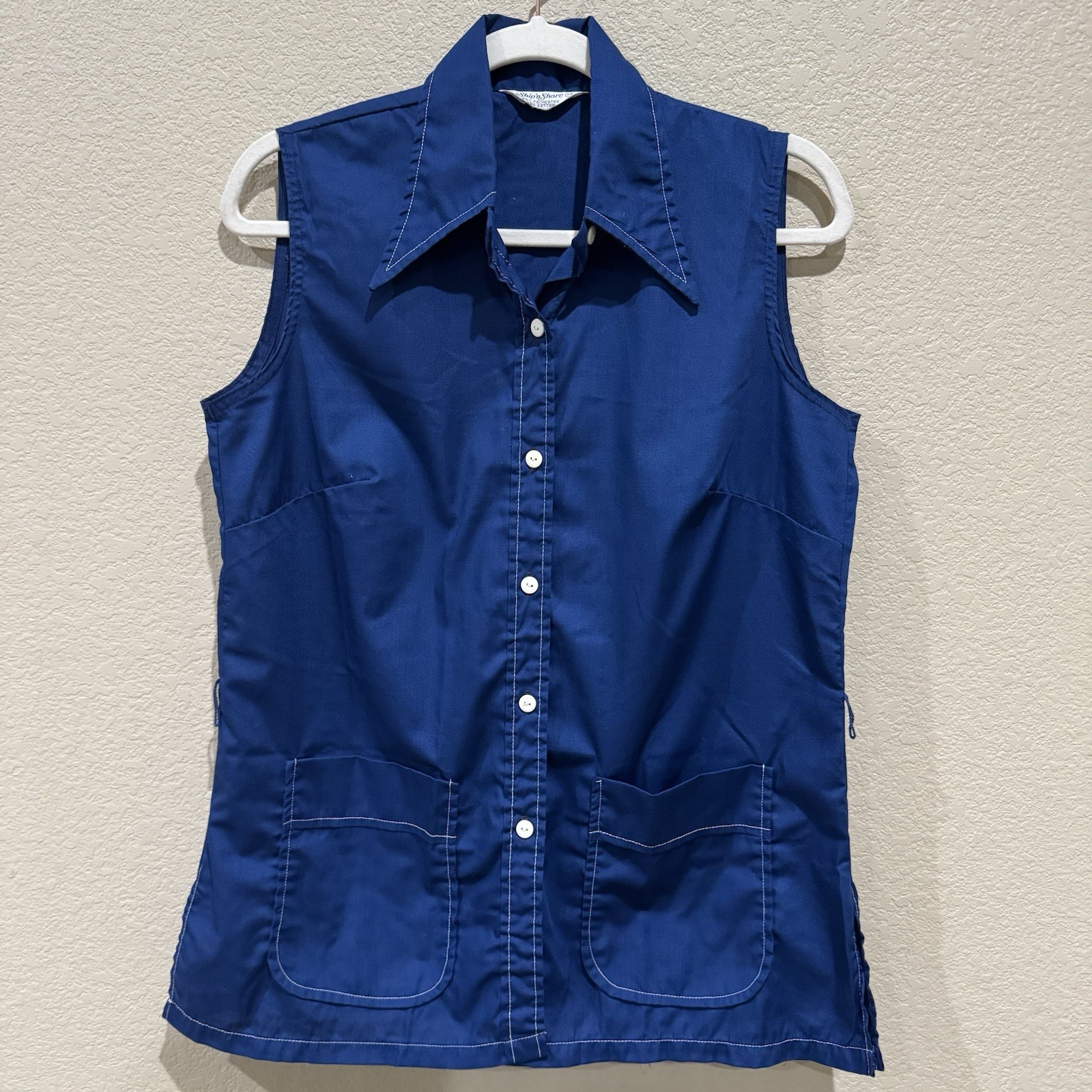 1980s Vintage Ship’n Shore Blue Sleeveless Top M White Stitch Button Front 36