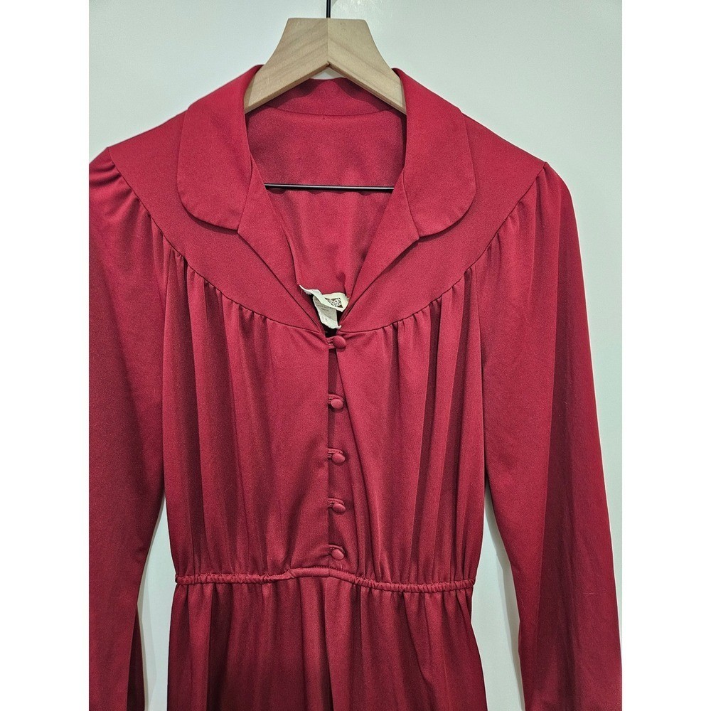Vintage Sears The Fashion Place Burgundy Red Long Sleeve Button Front Dress 14