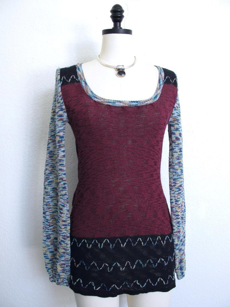Vintage 90s BKE Mod Tunic Sweater S Mixed Media Embroidery HIppie Burgundy Black