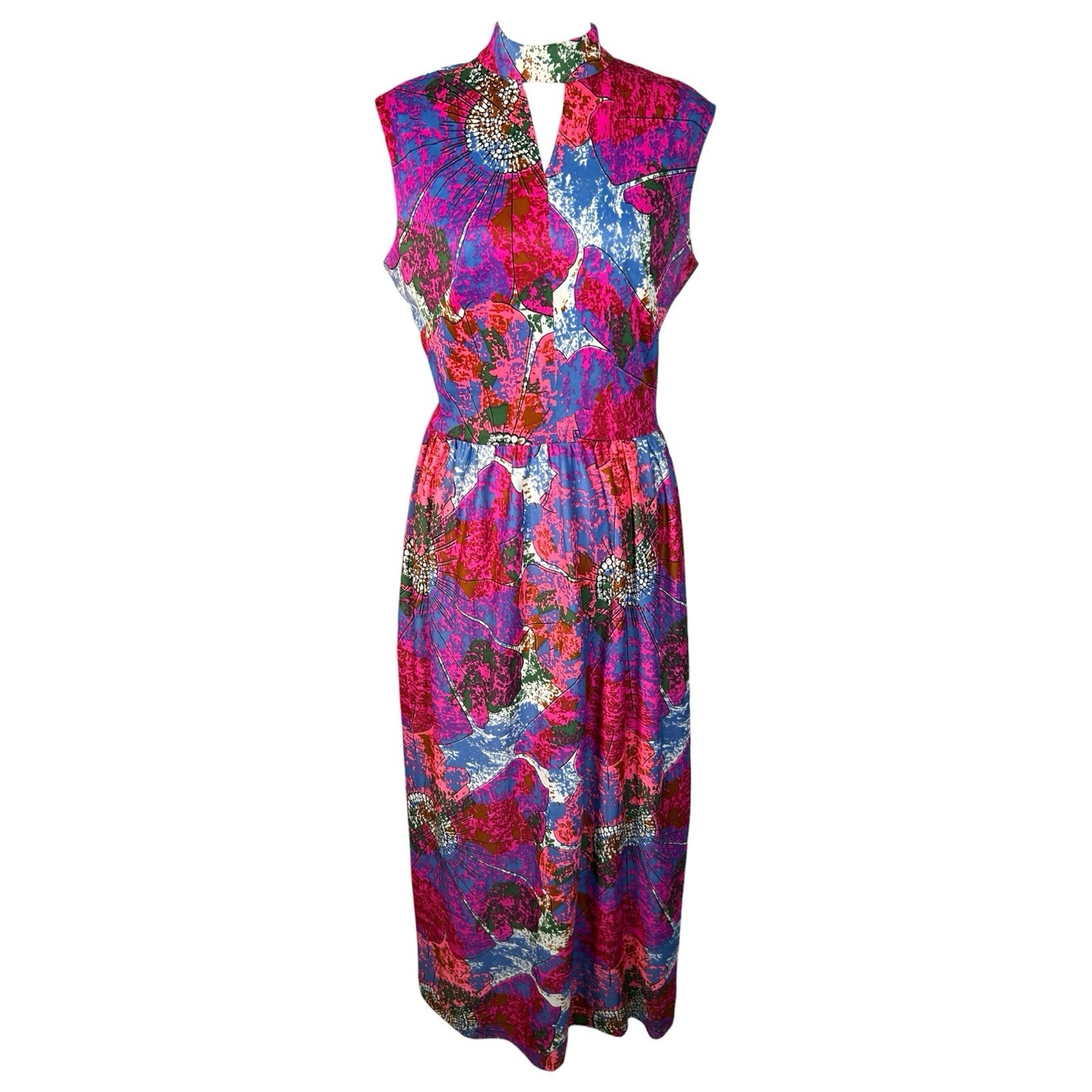 VTG 60s Floral Abstract Mock Neck Hippie Psychedelic Long Maxi Dress Sz M