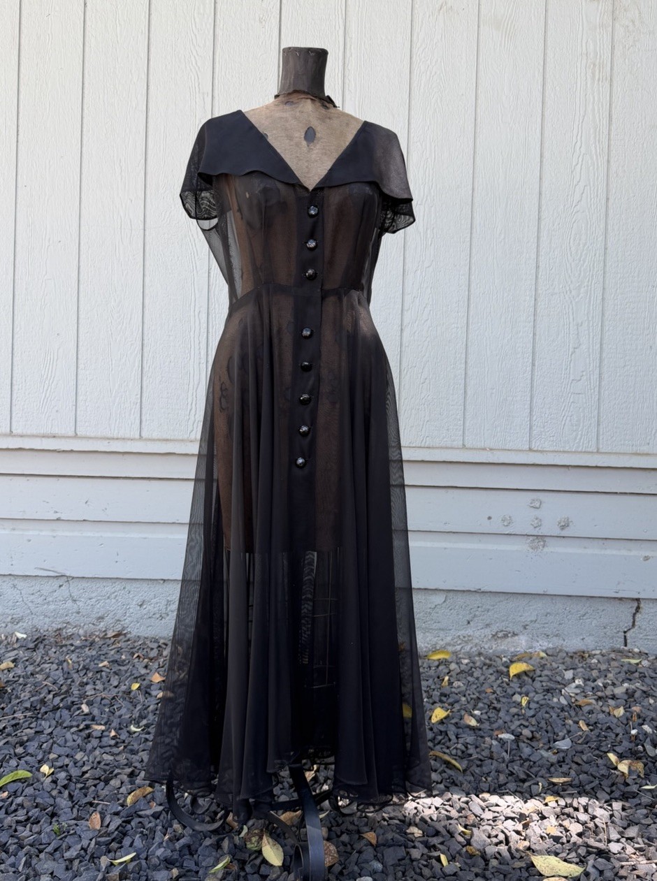 30s/40s Sheer Black Evening Dress 28W Capelet Sleeves Full Button Front Vintage