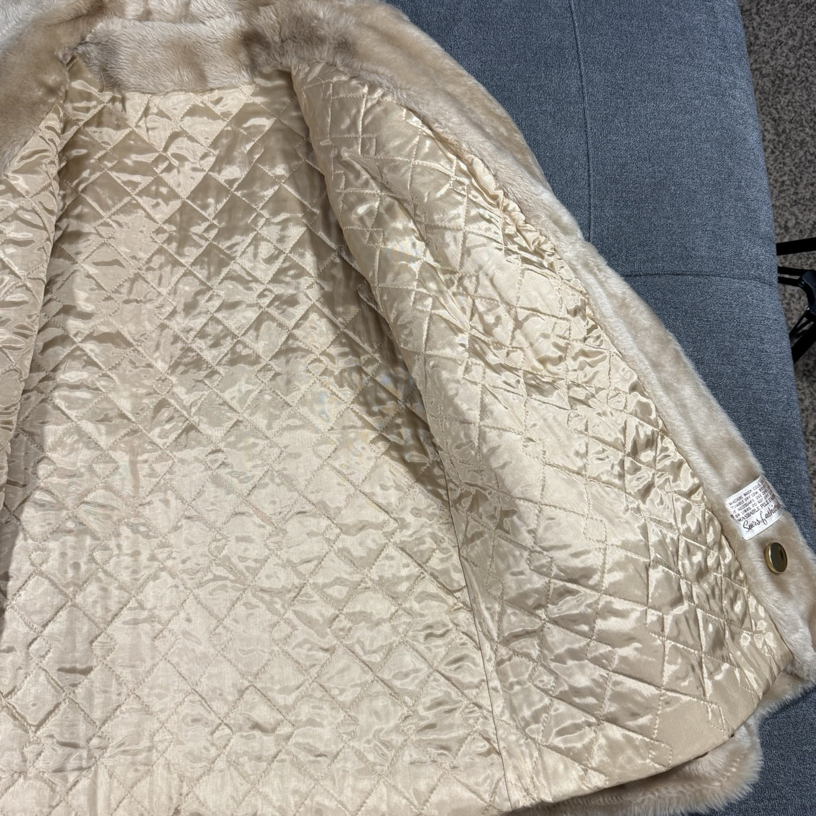 Vintage Sears Coat Womens 12 Faux Fur Camel Beige Gold Buttons Double Breasted