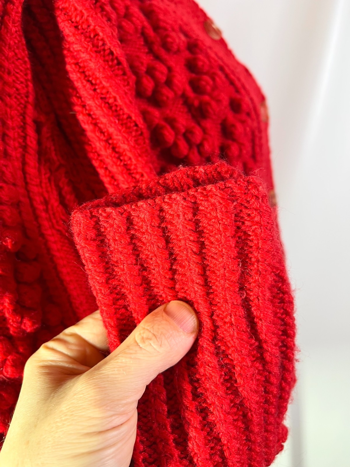 Vintage Gilca Putz Thick Wool Red Cardigan Sweater Pom Poms