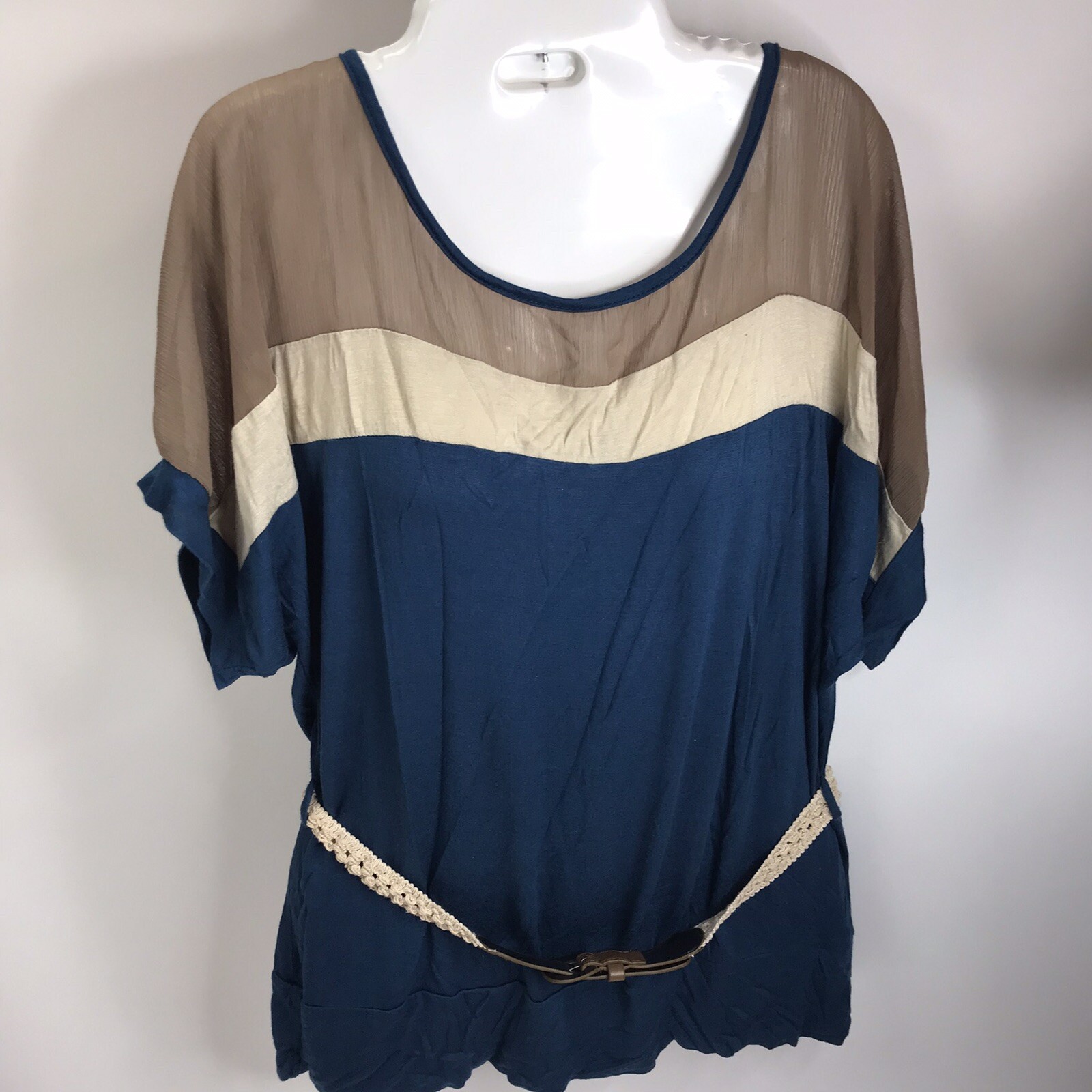 Vintage Top Belted Color Block popover Polyester Blouse L/XL Belinda 80s 90s