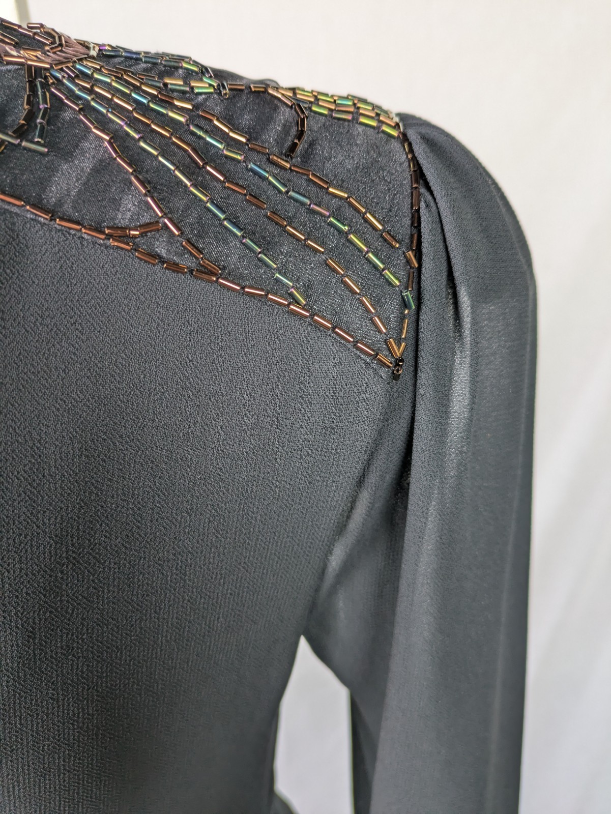 Vintage 80s Casadei Dress Black Hi Lo Hem Ruched Beaded Shoulders Sz 6
