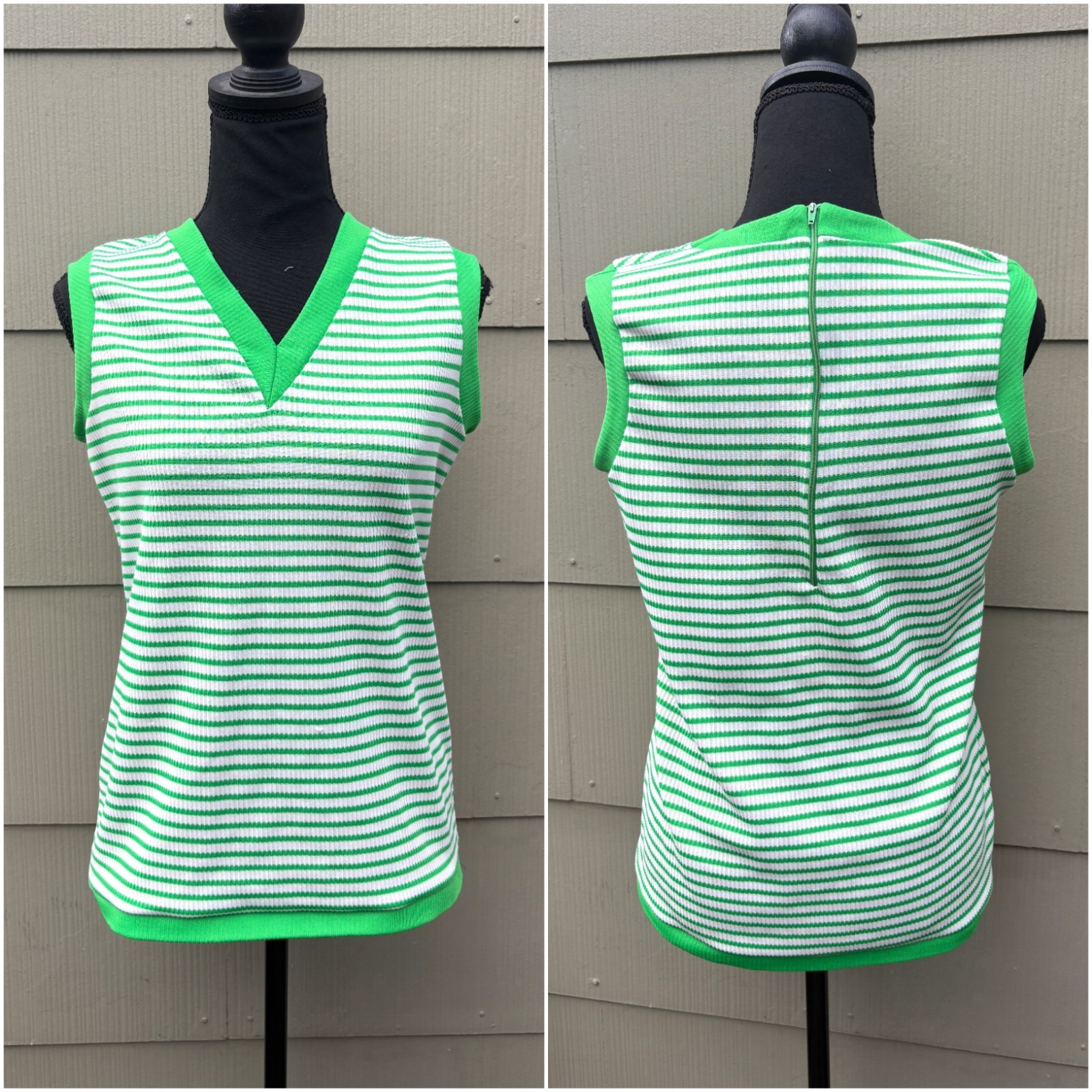 vtg 60s 70s Mod Preppy Retro Green White Striped V-Neck Sweater Vest Tank Top