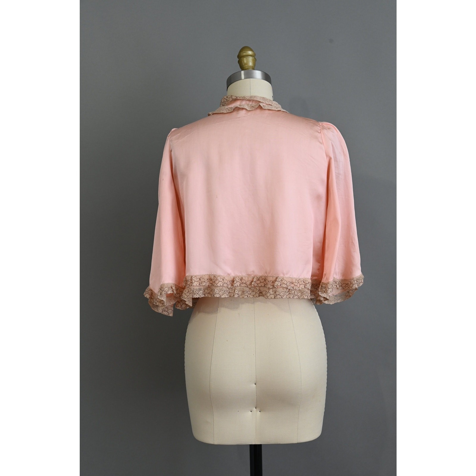 Vintage 1940s Lingerie Bed Jacket | Pink Silk Satin Lace Caplet | Small Medium