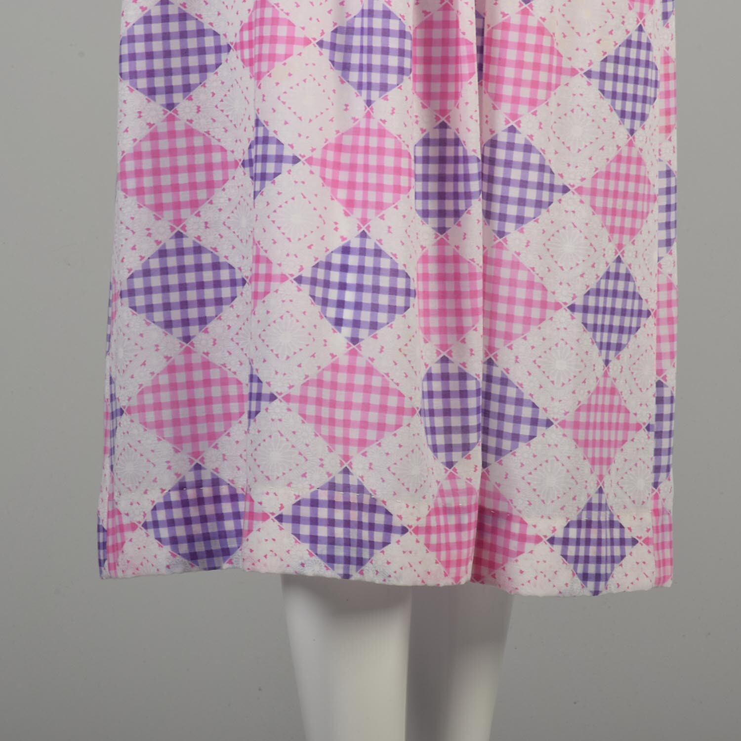 1970s S/M Pink Purple White Gingham Dress Corset Lacing Long Gathered Sleeves