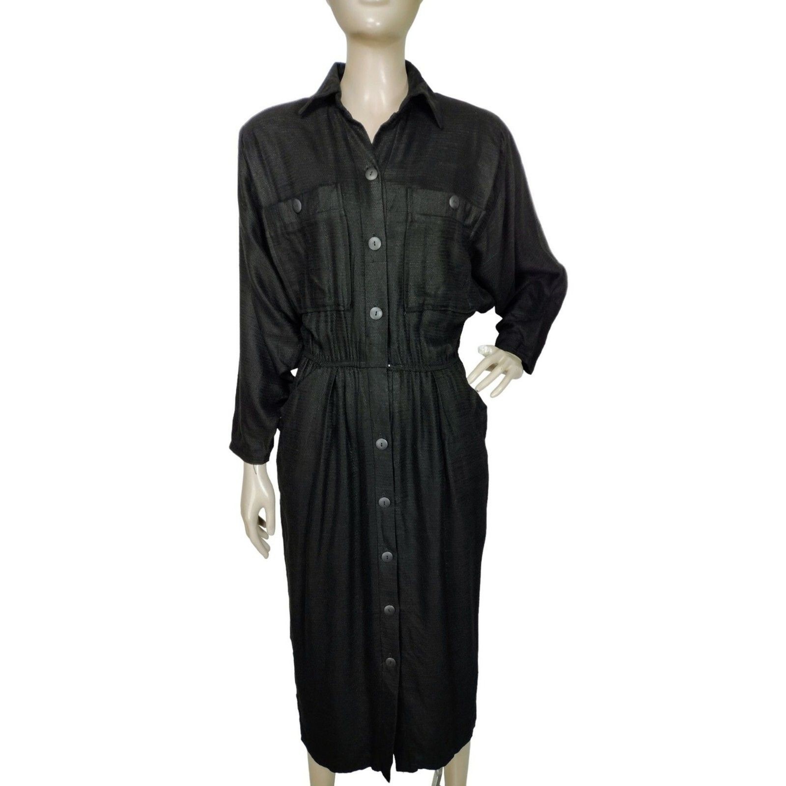 Vintage 80s Phoebe Black Textured Button-Down Batwing Sleeve Midi Wiggle Dress