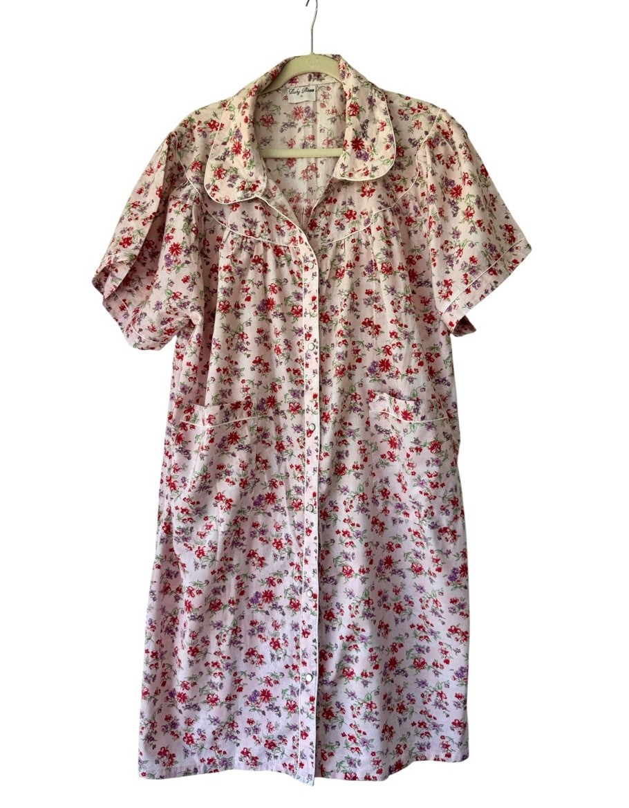 Vtg Lady Rina Pink Floral House Dress XL Snap Front Duster Lounge Muumuu Cottage