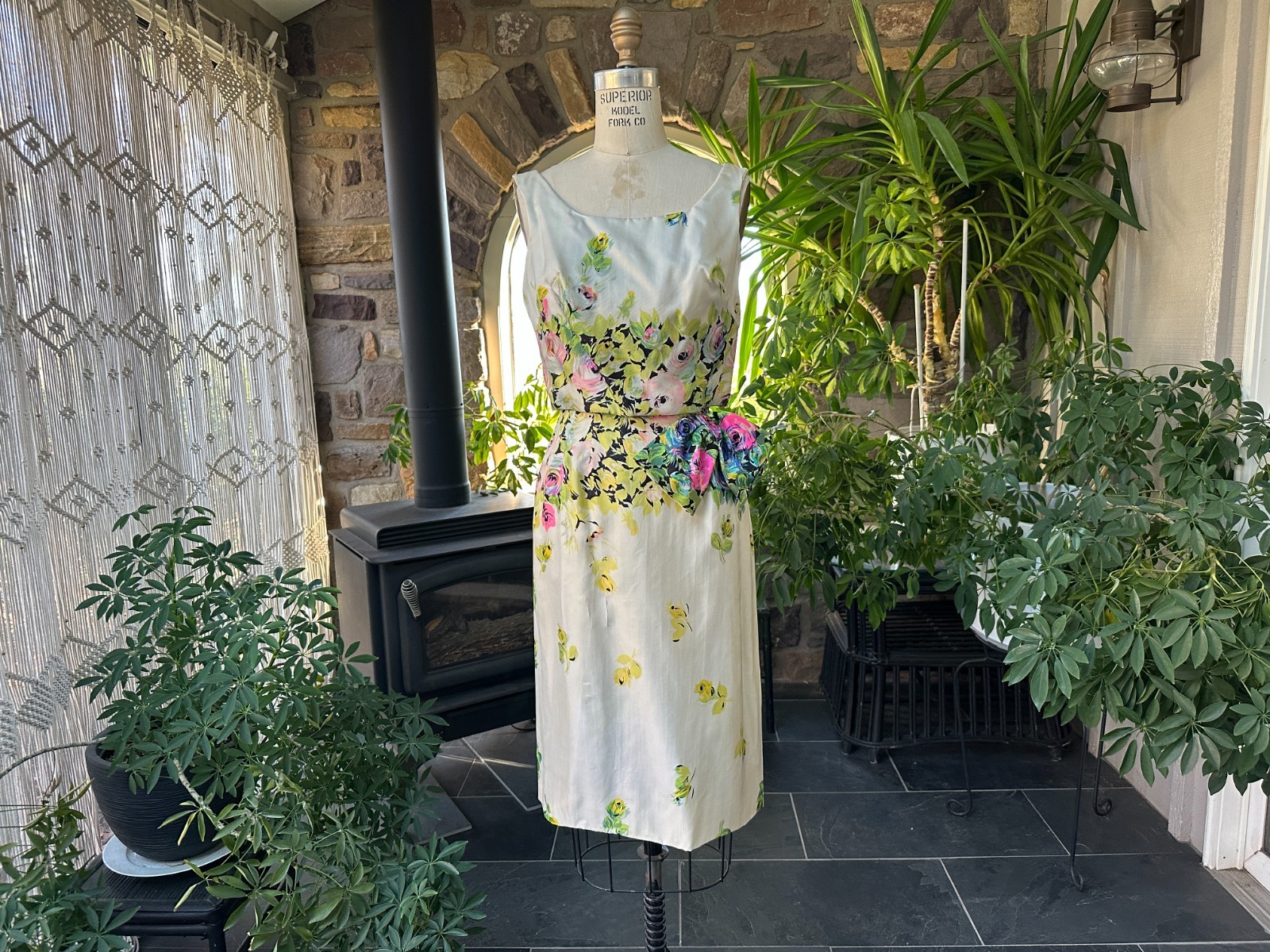 Vintage 1960s Floral Sleeveless Silk Cocktail Dress Mardi Gras Wounded Bird