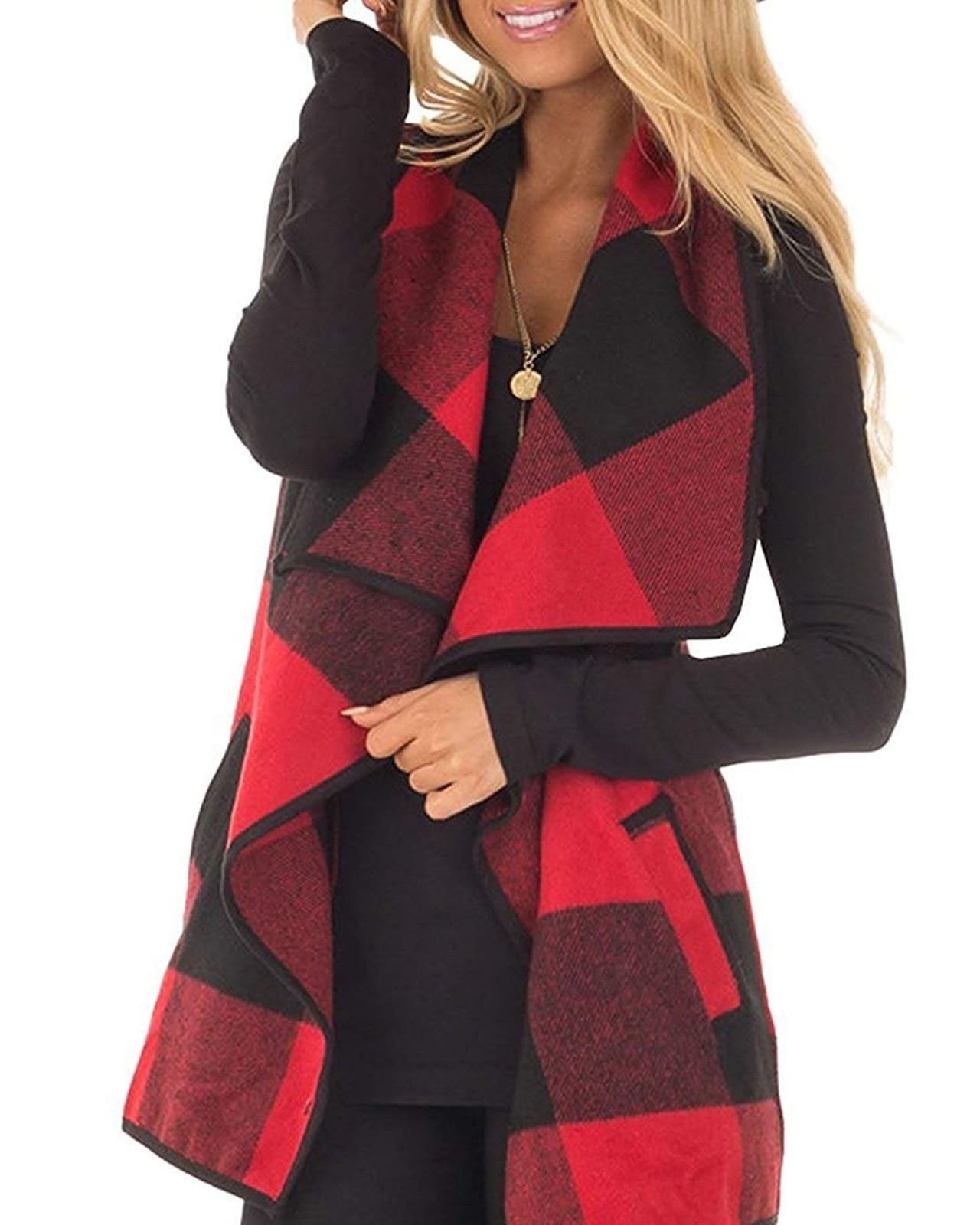 Buffalo Plaid Sleeveless Open Front Vest Coat With Pockets for Women | Soft P…